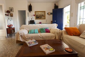 TV, fireplace, books, stereo