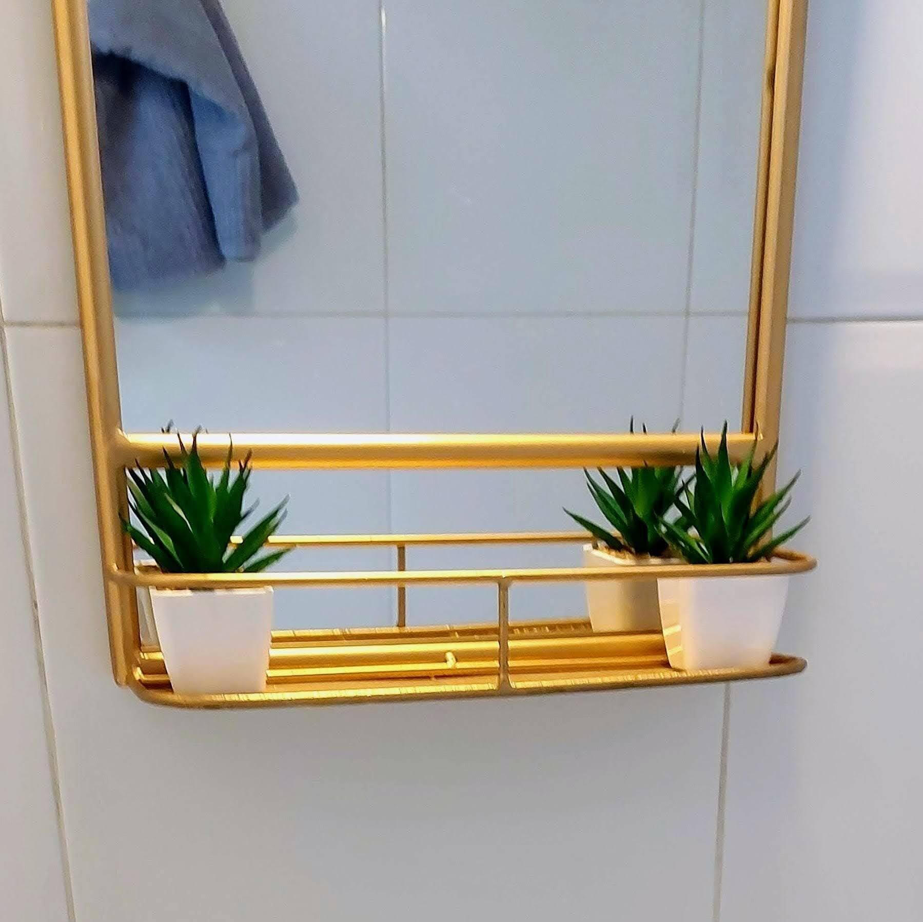 A bathroom with a gold-framed mirror, two white planters with green plants, and a towel hanging on the wall.