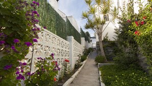 A narrow pathway flanked by white lattice fencing and lush greenery, leading to a building with a white facade and a stone wall. - Beautiful house with garden 3 minutes from the beach (Almuñécar)