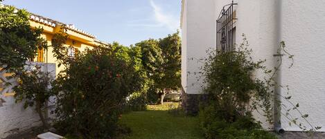 A courtyard with a white building, a yellow building, and a small garden area.
