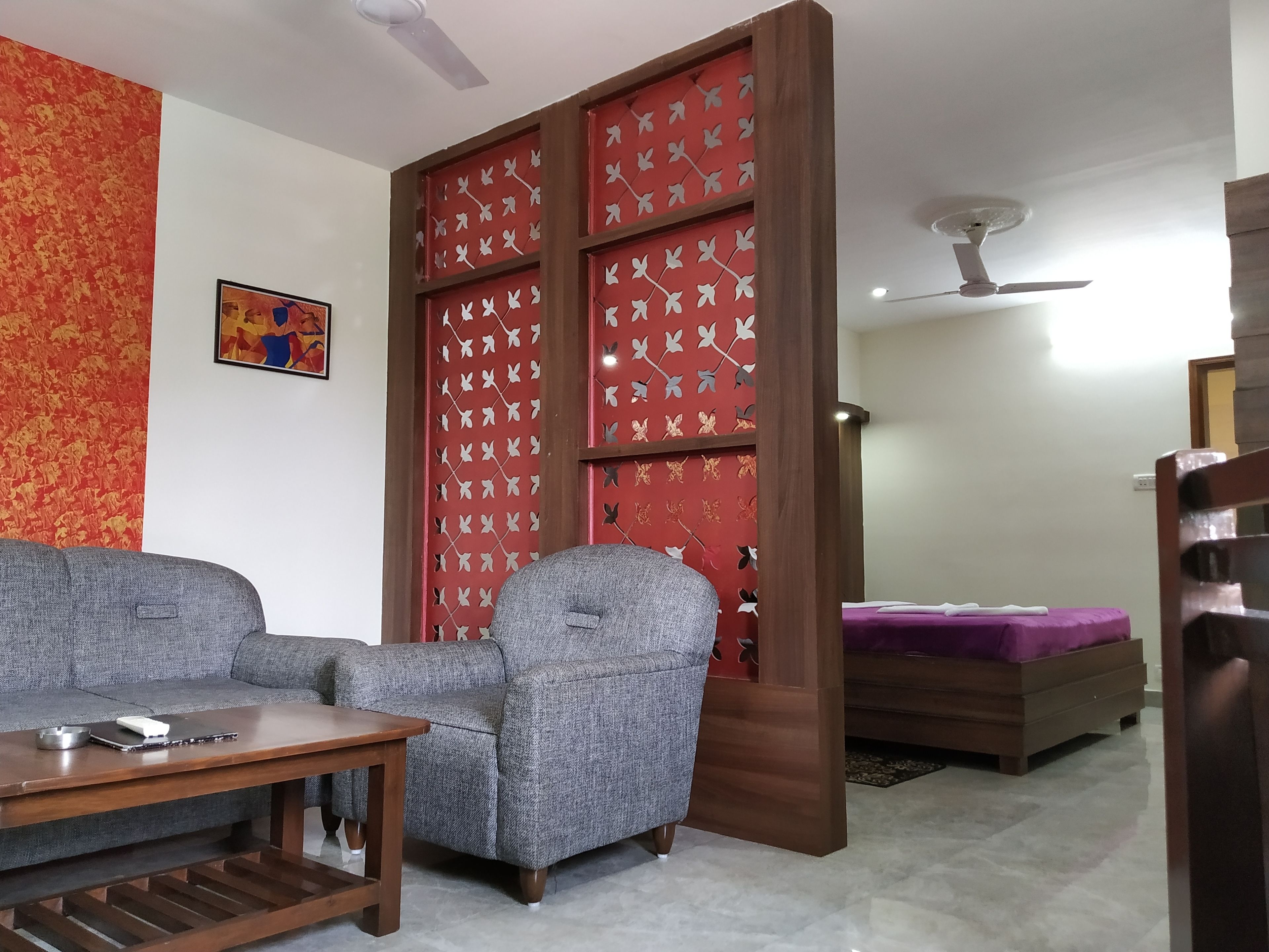 Un salón con un sofá gris, una mesa de centro de madera y un separador rojo con diseños de mariposas.