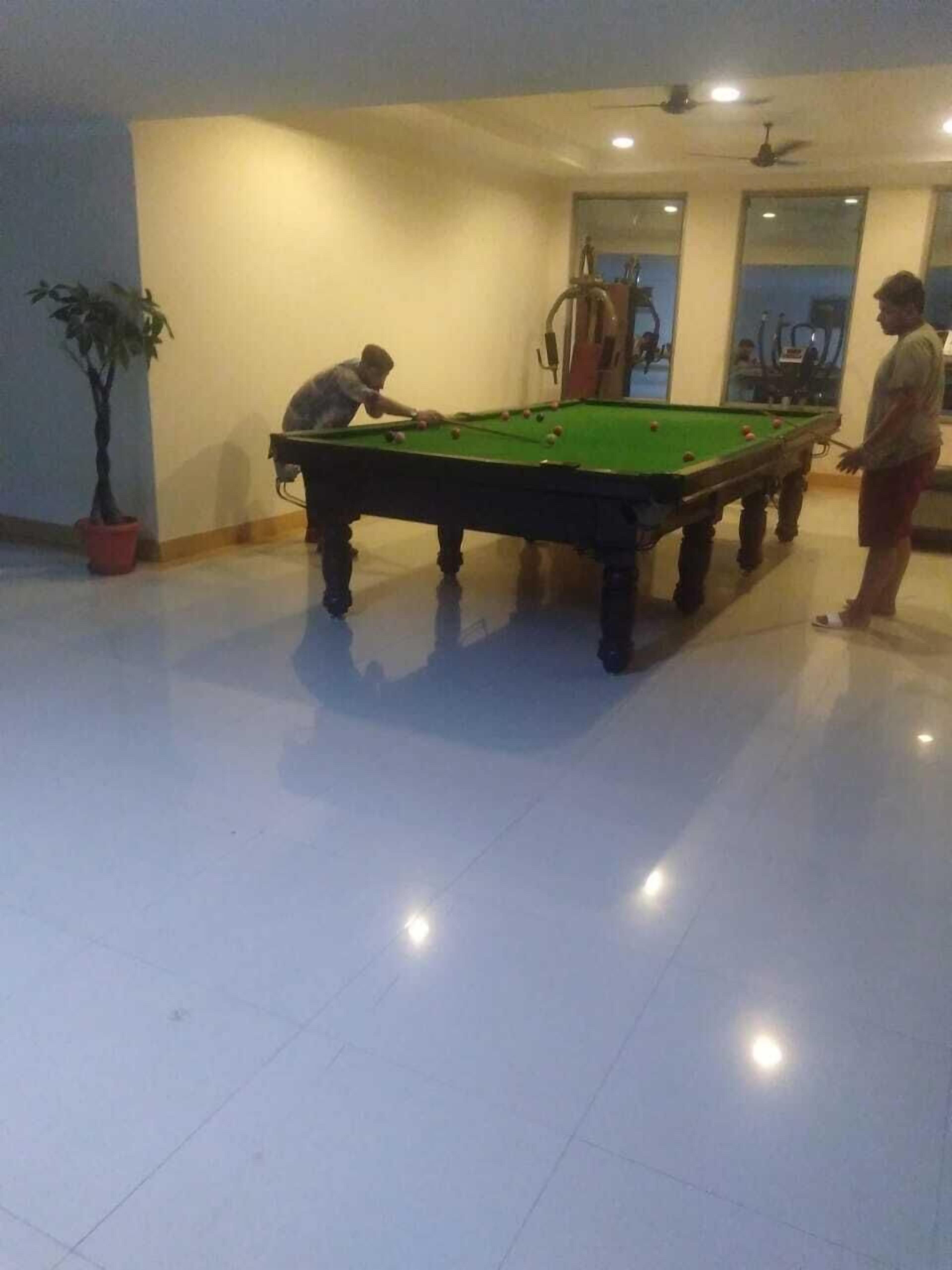 A billiards table in a room with a potted plant and a ceiling fan.