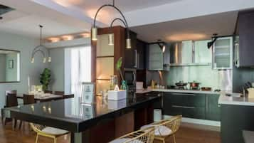 Design Apartment, 3 Bedrooms, River View | Private kitchen | Fridge, stovetop, electric kettle, rice cooker