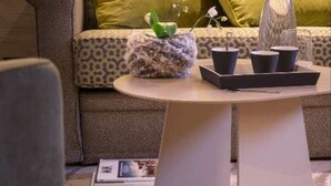 Un salon moderne avec un canapé, une table basse et des objets de décoration.