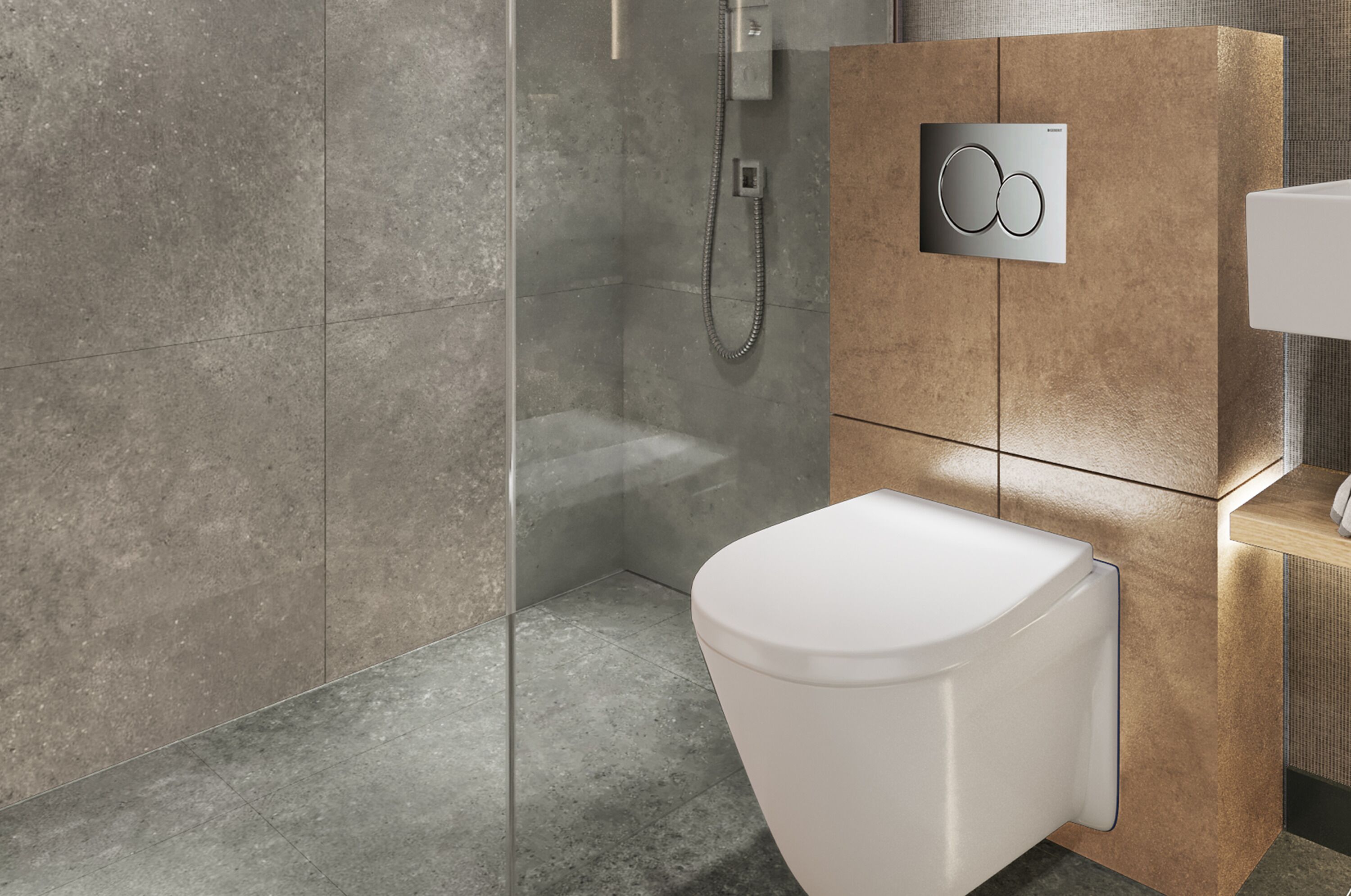 Ein modernes Badezimmer mit Dusche, Toilette und Bedienfeld.