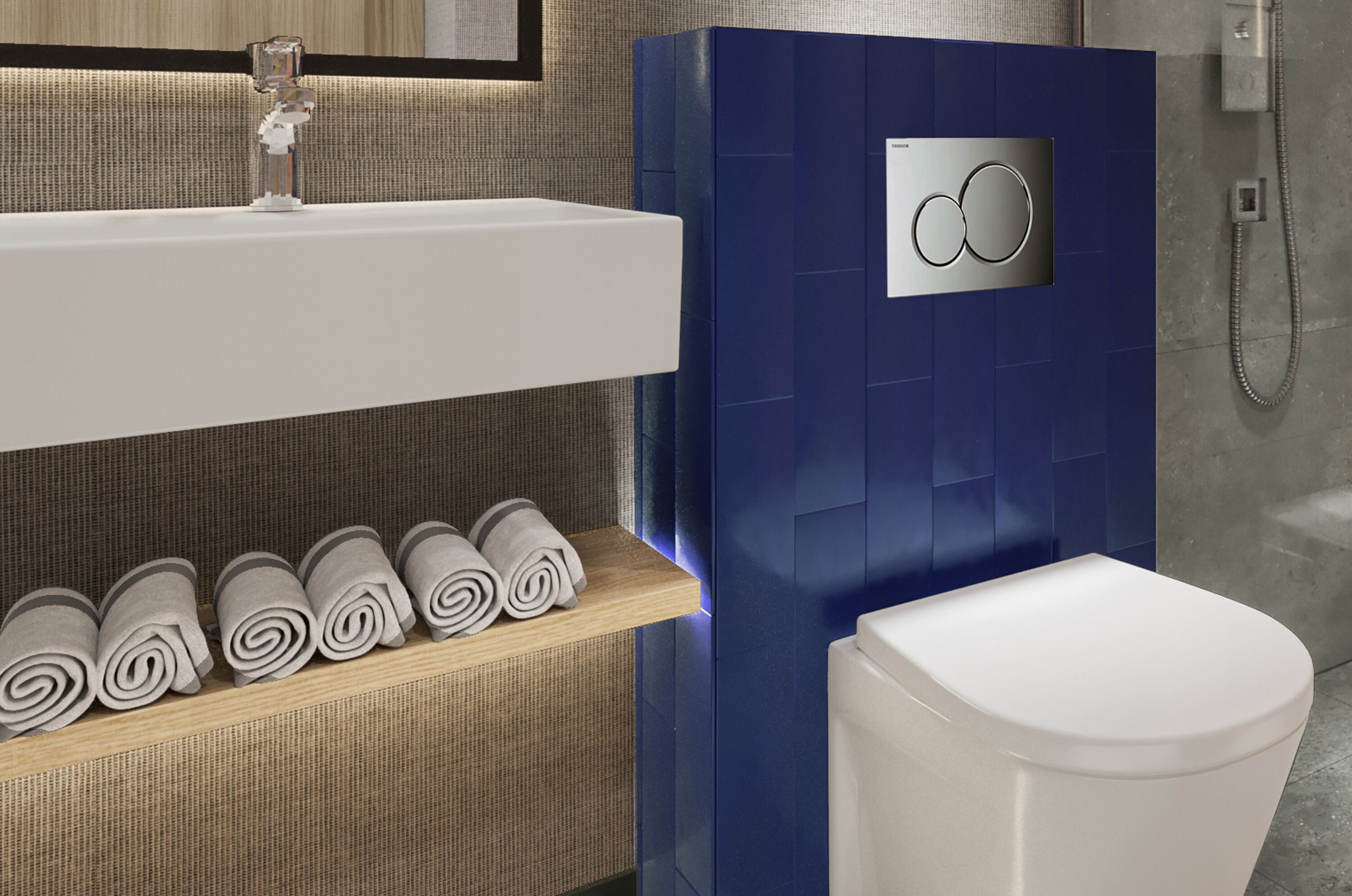 A bathroom with a white sink, a blue wall, a toilet, and a shelf with rolled towels.