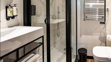 Shower, free toiletries, hair dryer, towels