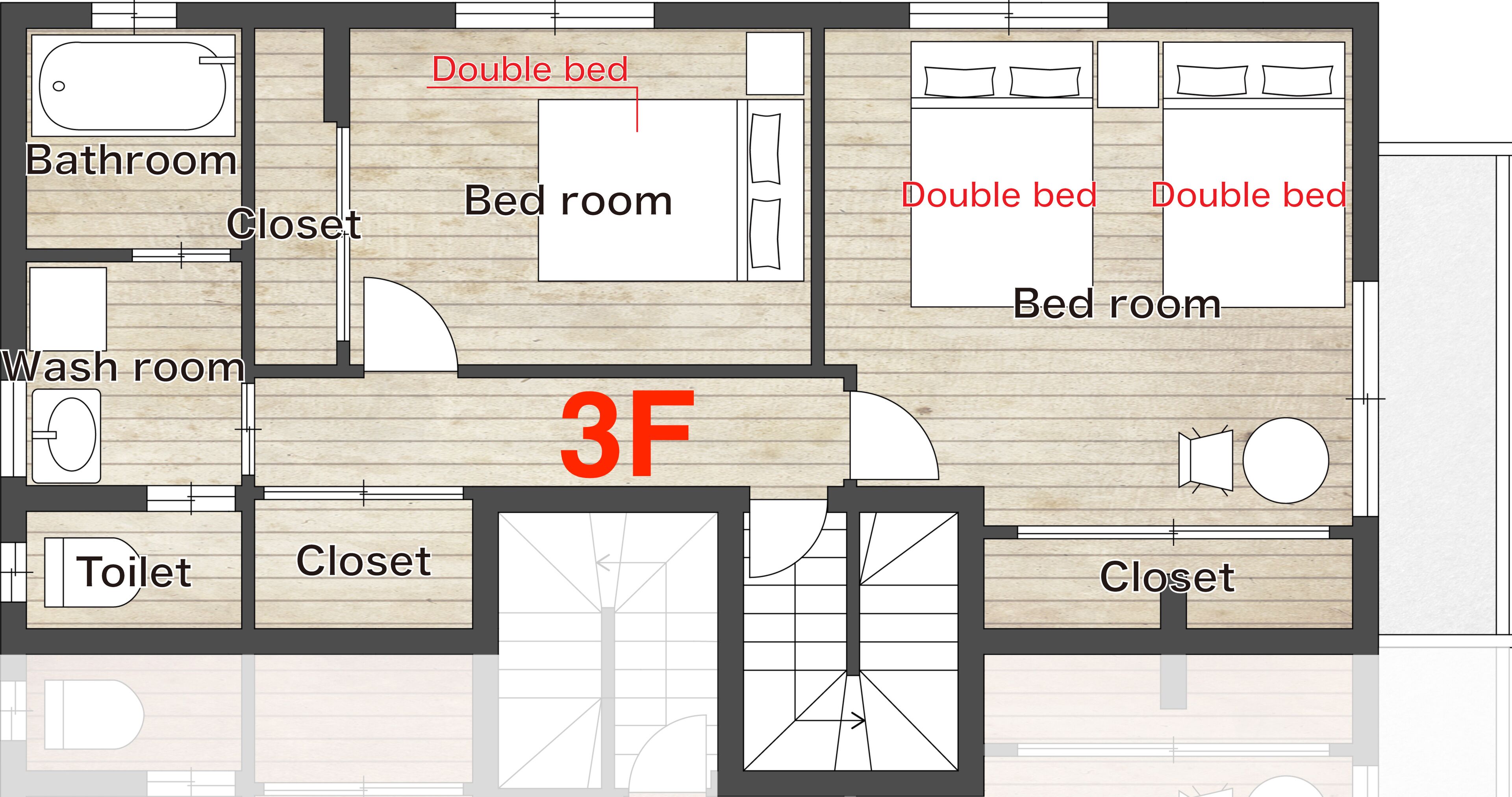 A 3F apartment layout with a bathroom, two double beds, a washroom, and two closets.