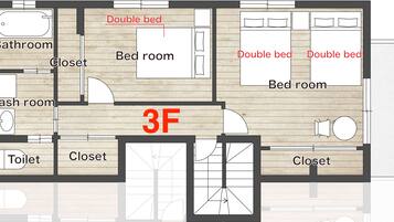A 3F apartment layout with a bathroom, two double beds, a washroom, and two closets.