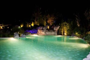 Outdoor pool, pool umbrellas, pool loungers