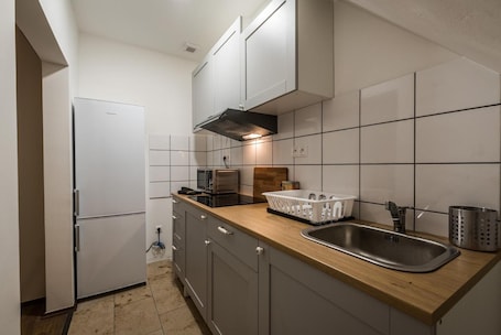 Fridge, microwave, stovetop, cookware/dishes/utensils