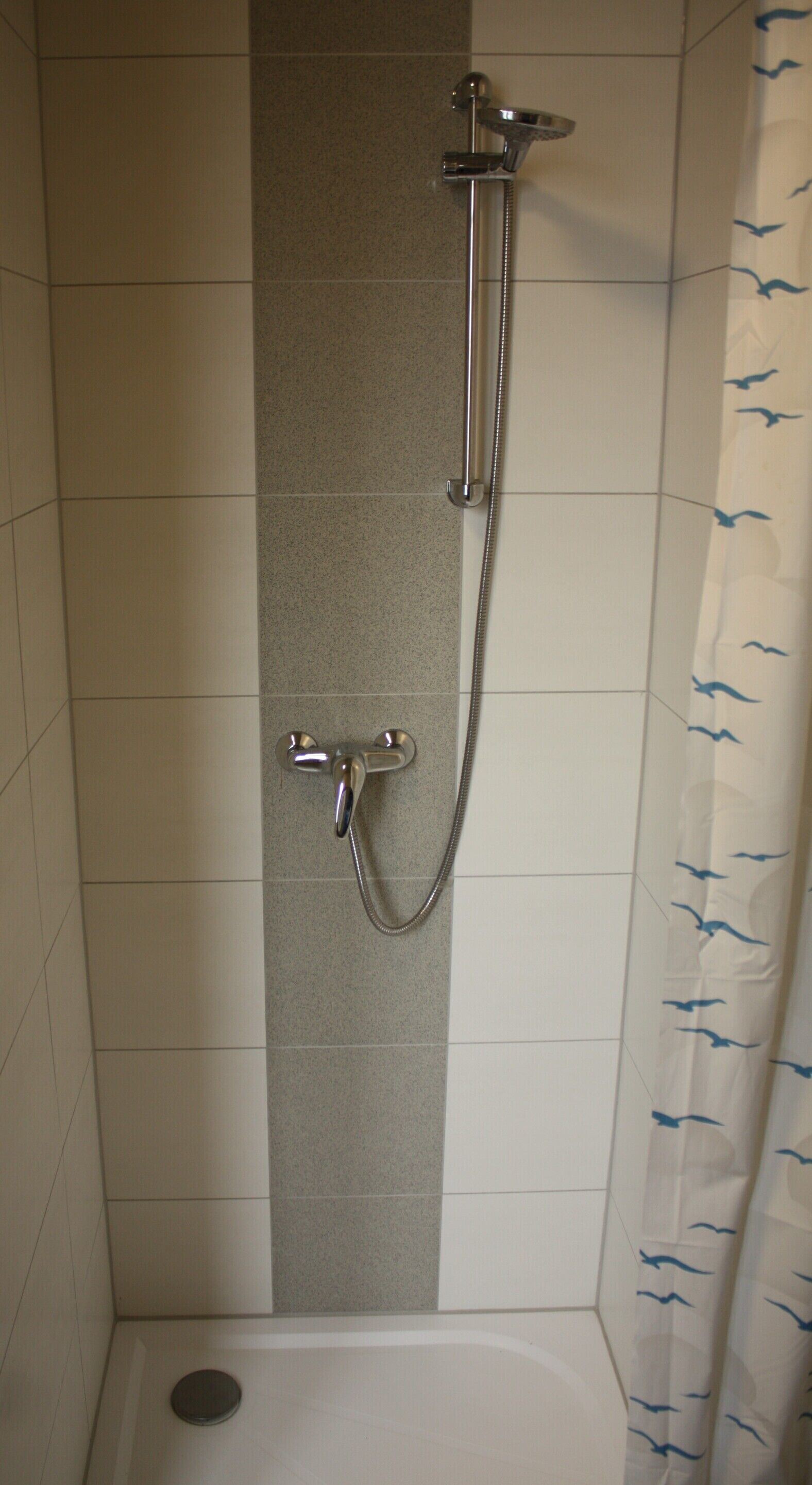 A shower with a handheld showerhead and a fixed showerhead, a drain, and a tiled wall with a grey vertical strip.
