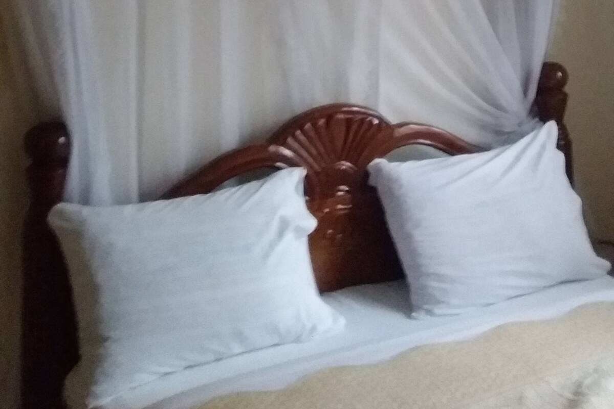 A bed with a wooden headboard and white pillows, covered by sheer white curtains.