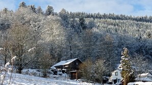 A wooden cabin with a sloped roof surrounded by snow-covered trees and a forested hill in the background. - Scandinavian chalet, warm atmosphere, for those who love nature (Lierneux)