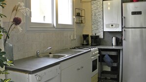 Keittiössä on sisäänrakennettu astianpesukone, uuni ja jääkaappi. Tiskialtaan yläpuolella on ikkuna ja vasemmalla puolella kasvi.