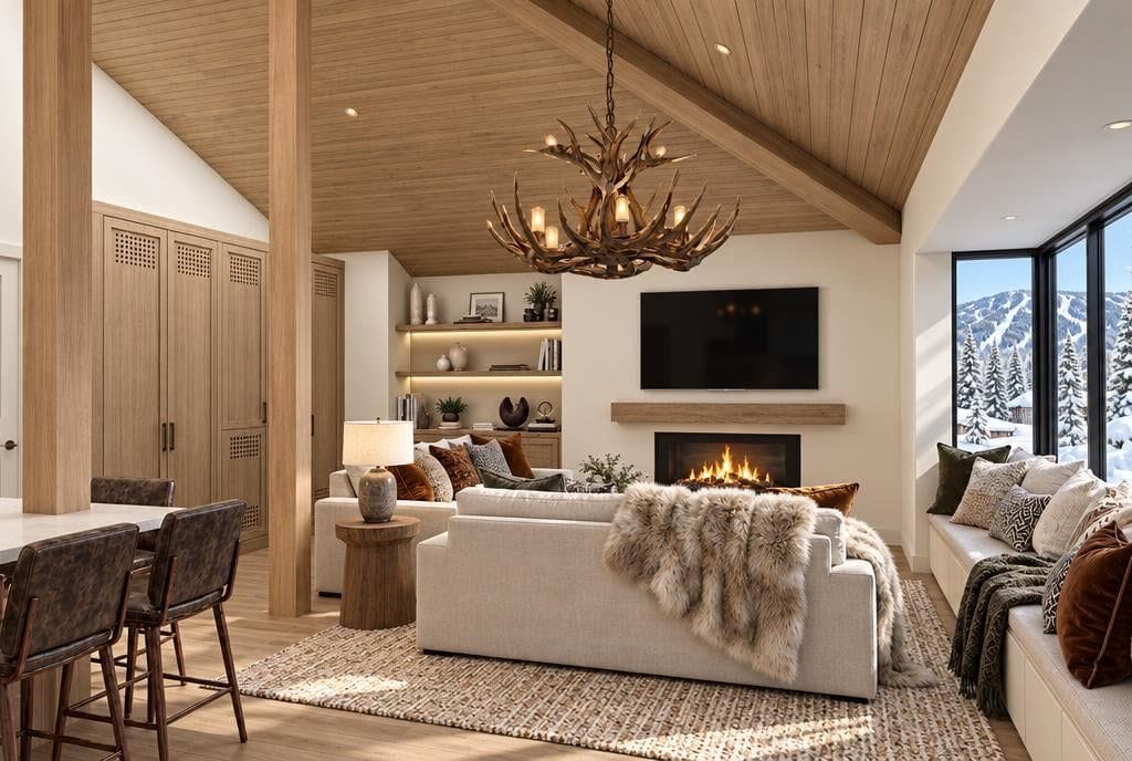 A modern living room with a fireplace, a large chandelier, and a view of snowy mountains through the windows.
