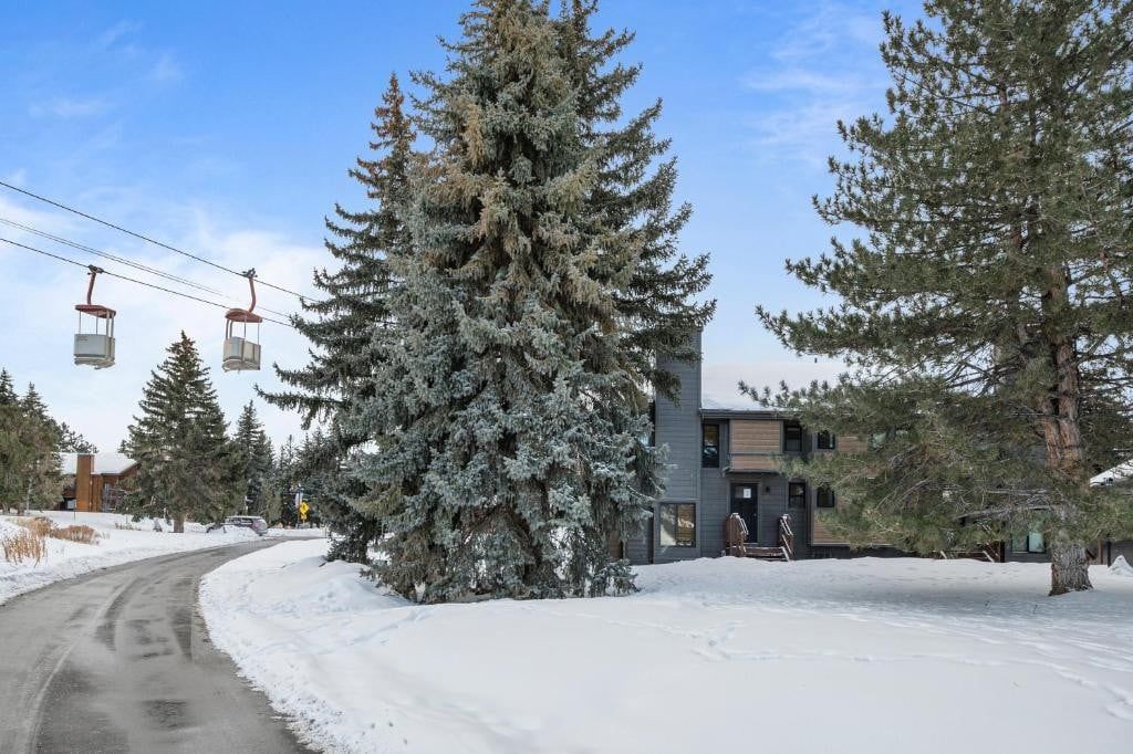 Schneebedeckte Landschaft mit einem modernen Gebäude, einer Seilbahn und einer hohen Nadelbaum.