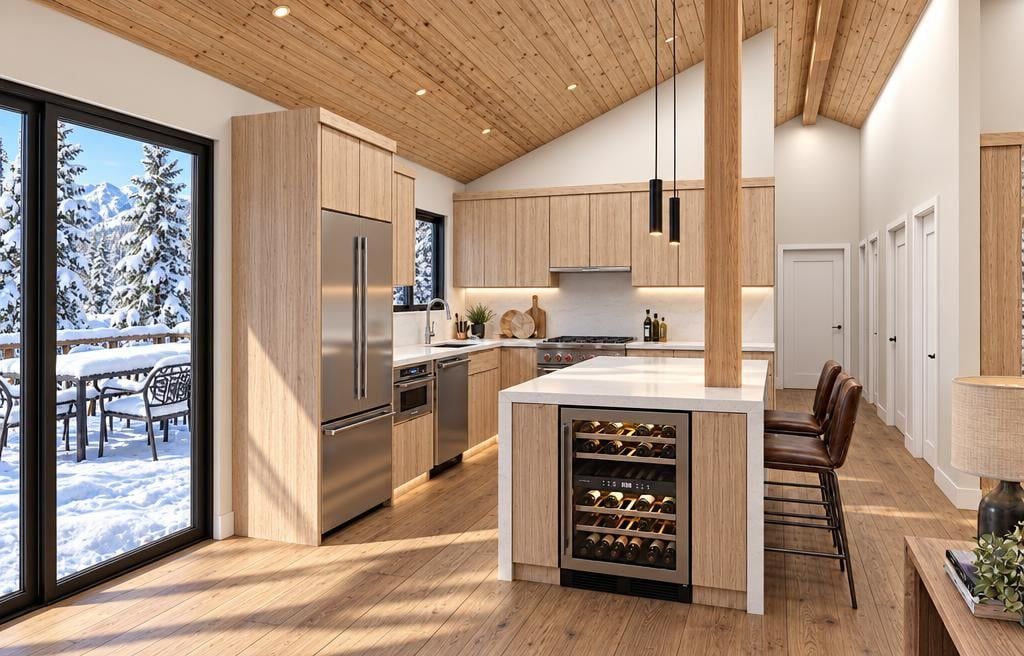 A modern kitchen with wooden cabinets, a central island with wine storage, and a view of a snowy outdoor area.