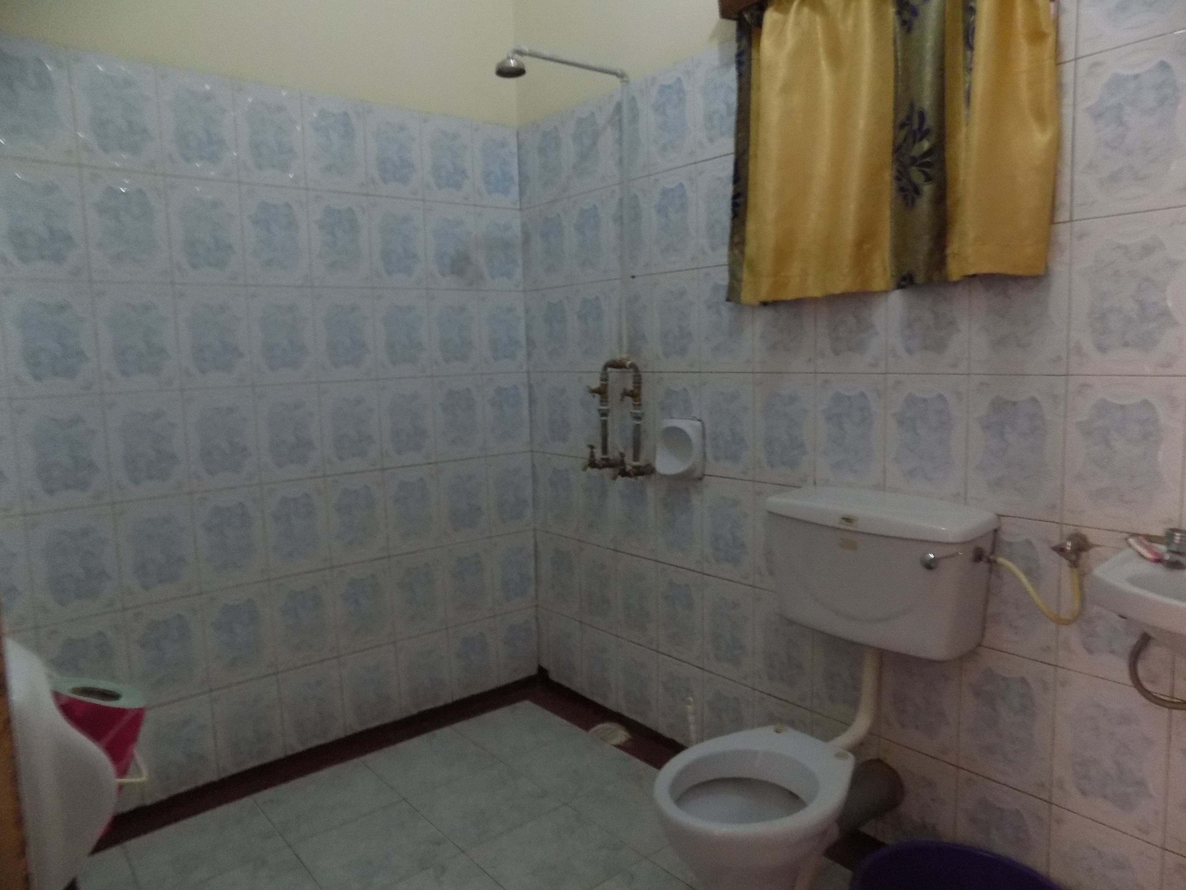 A small bathroom with a toilet, a sink, and a shower.