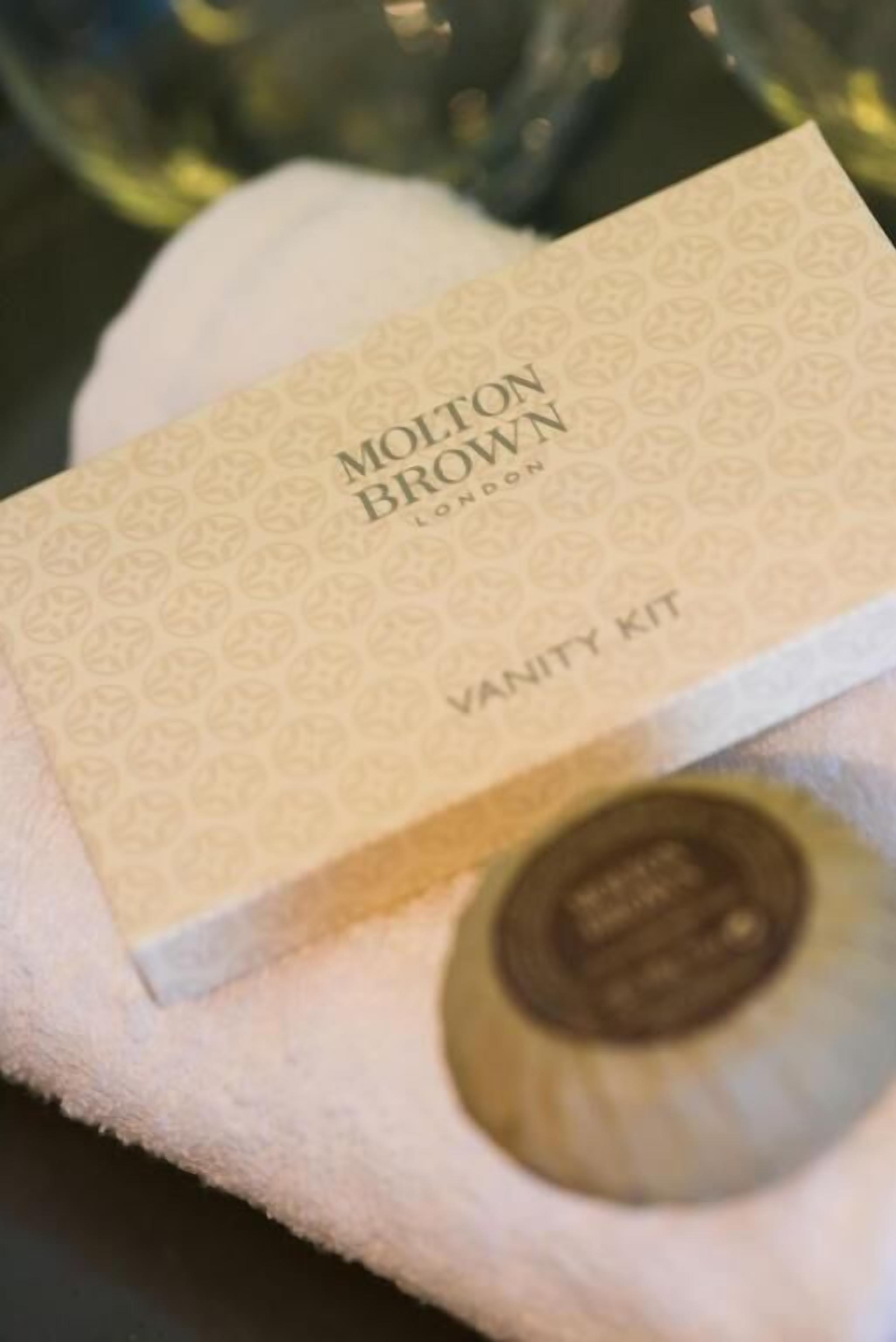A vanity kit with a label that reads "Motton Brown London Vanity Kit."