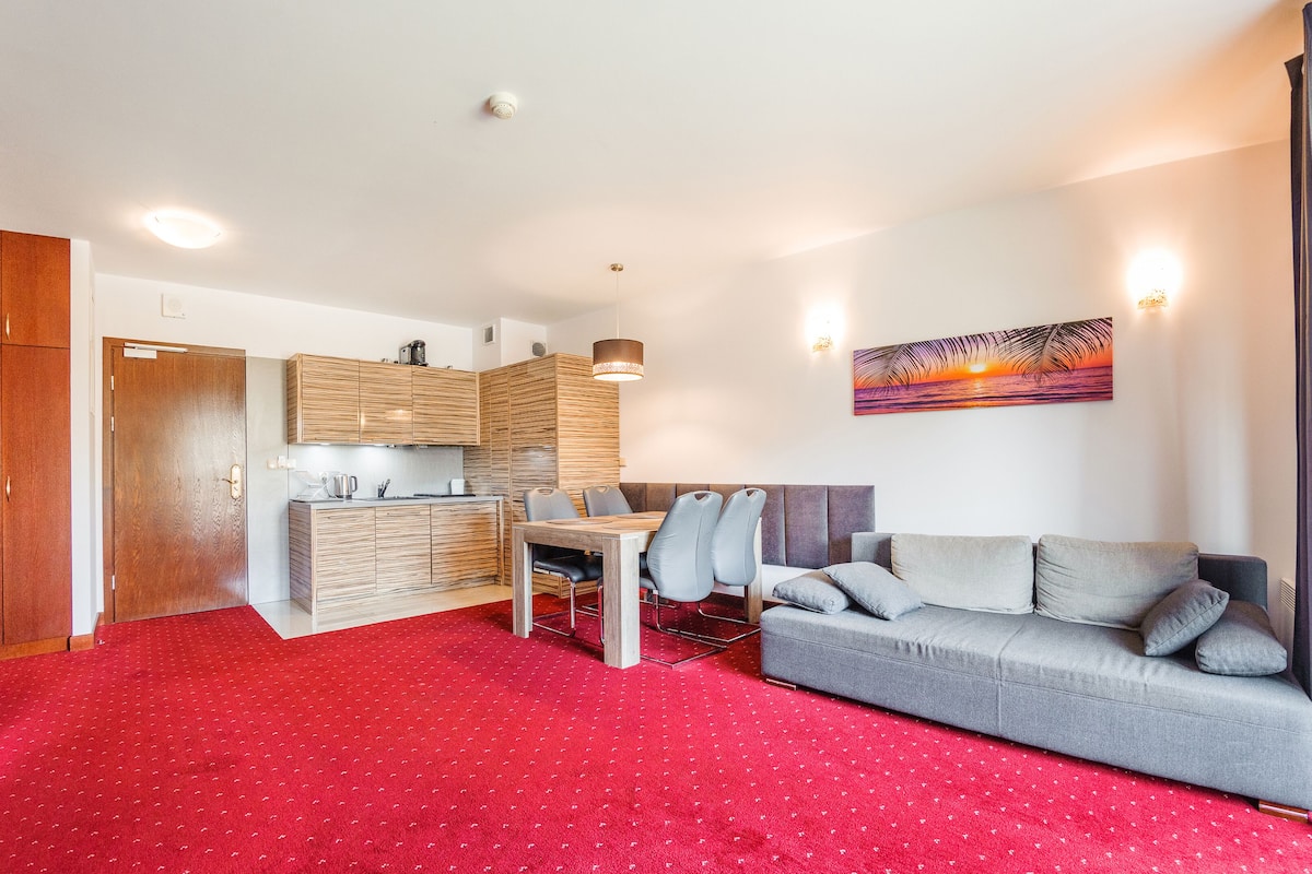 Un espacio habitable compacto con kitchenette, comedor y zona de estar con sofá y sillones.