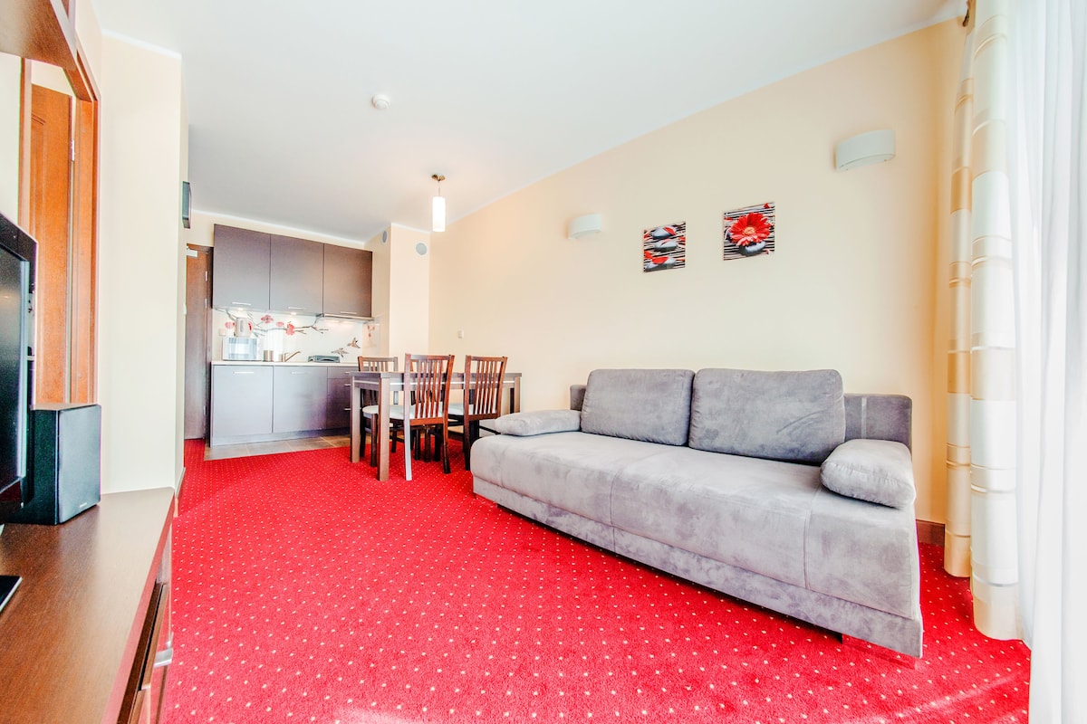 Una sala de estar con alfombra roja, sofá gris y un comedor con sillas y una mesa.