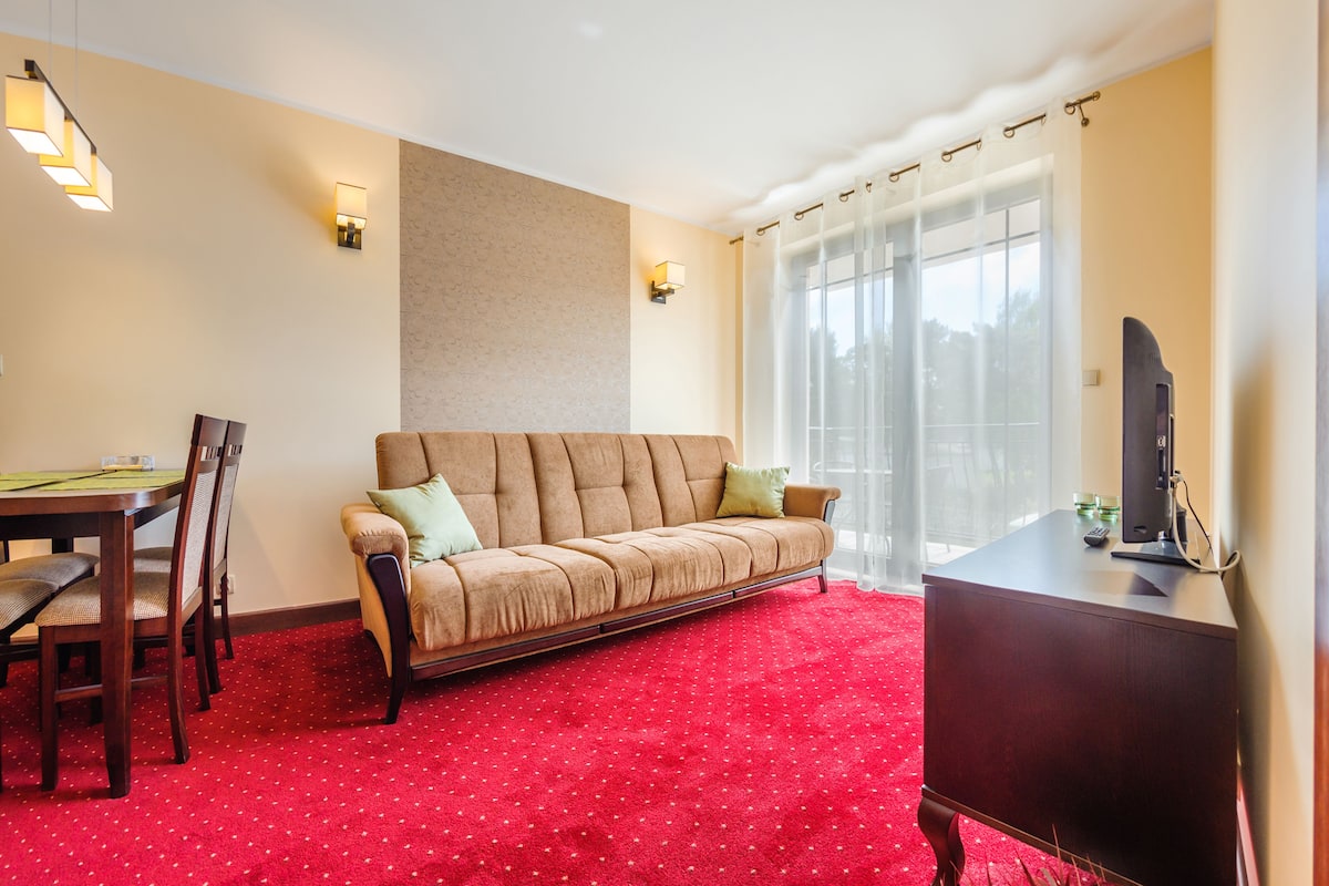 Una sala de estar con alfombra roja, un sofá color beige, una mesa de centro de madera y un televisor sobre un mueble de madera.