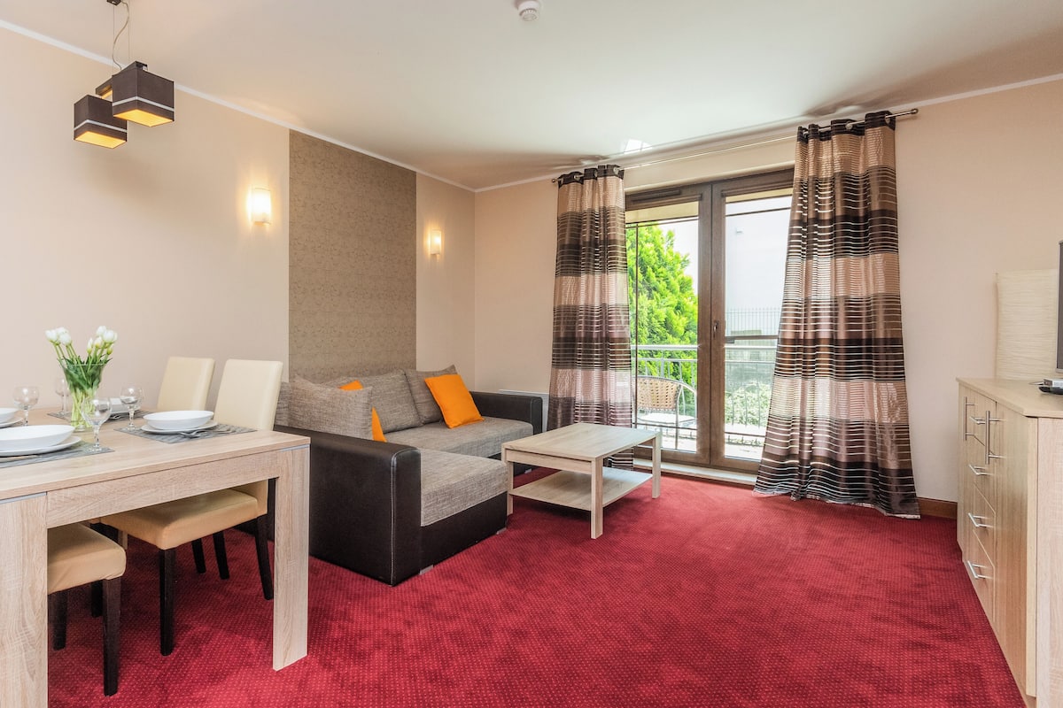 Una sala de estar moderna con comedor, un sofá con cojines, una mesita y una alfombra roja.