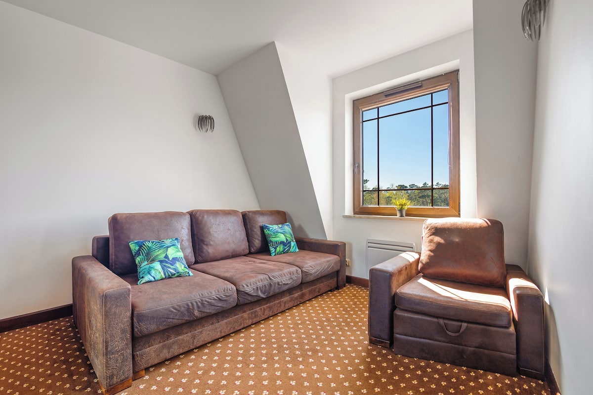 Una habitación con un sofá de cuero marrón, un sillón a juego y una alfombra estampada.