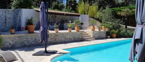 Seasonal outdoor pool, open 9:00 AM to 10:00 PM, pool umbrellas