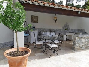 Un patio exterior con una mesa y sillas de comedor, una planta en maceta y una zona de bar de piedra.