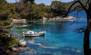 Un barco fondeado cerca de una costa rocosa, con agua azul cristalina y árboles al fondo.