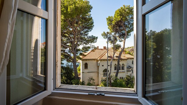 Ein Fenster mit Blick auf ein Gebäude mit einem Ziegeldach und Bäume im Vordergrund.