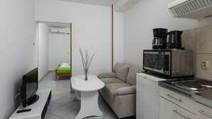 A compact hotel room with a kitchenette, a sofa, a small table with a vase, a TV, and a bed with a green blanket. - Apartment Brane - Studio Apartment (Mokosica)