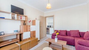 Een kleine leefruimte met een kitchenette, een televisie, een bank en een eettafel.