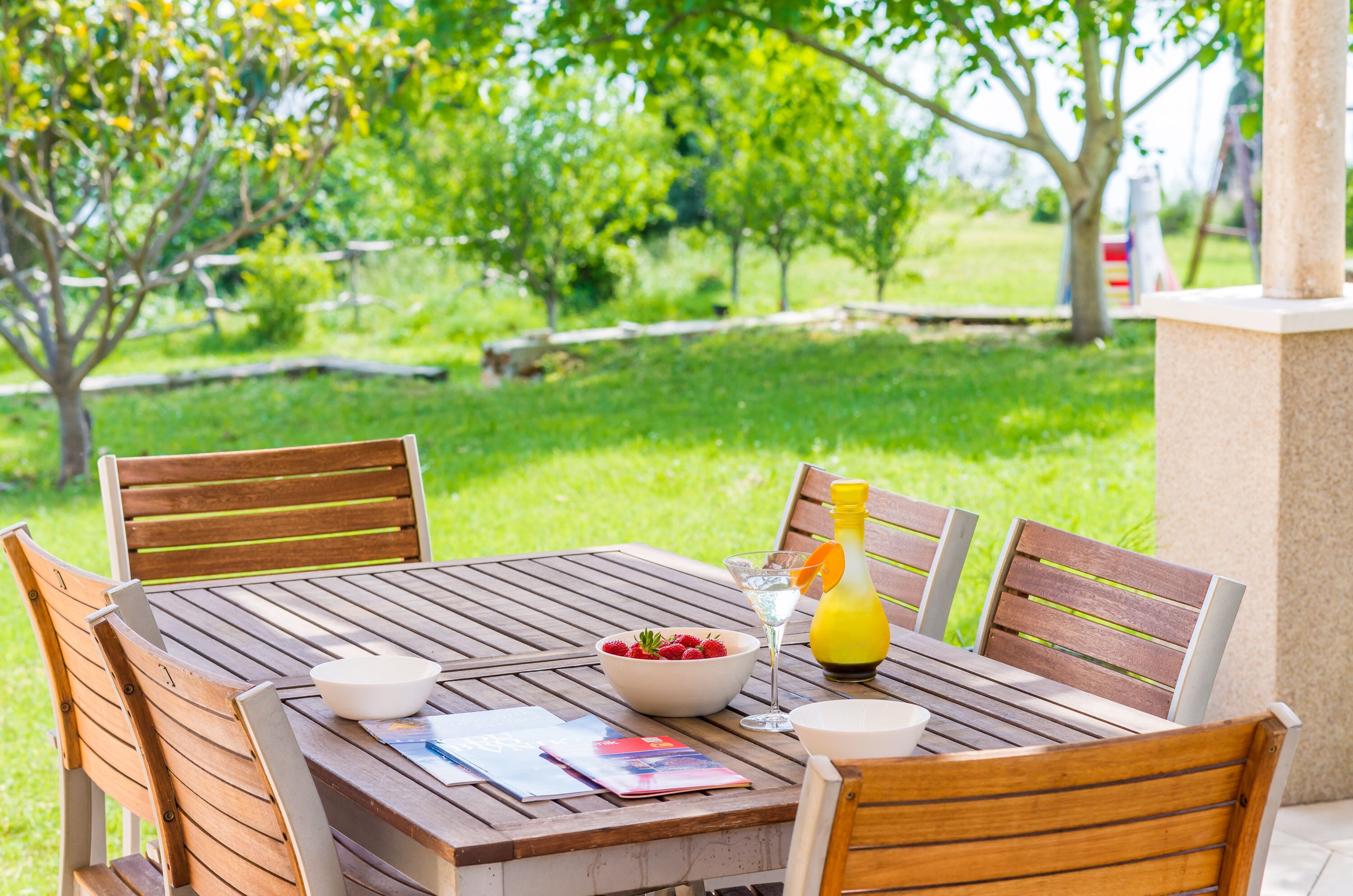 Een houten tafel buiten, met een schaal fruit, een martini glas en een fles sinaasappelsap.