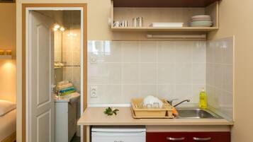 Fridge, cookware/dishes/utensils