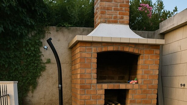 Un four extérieur en briques avec une cheminée, une piscine et un tuyau d’arrosage.
