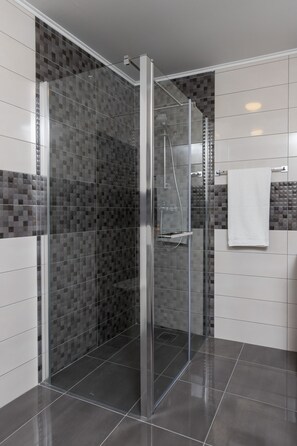 Shower, hair dryer, towels