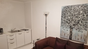 Ett kompakt bostadsutrymme med ett litet kök, en brun soffa och en tavla som föreställer träd.