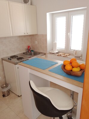 Fridge, stovetop, cookware/dishes/utensils