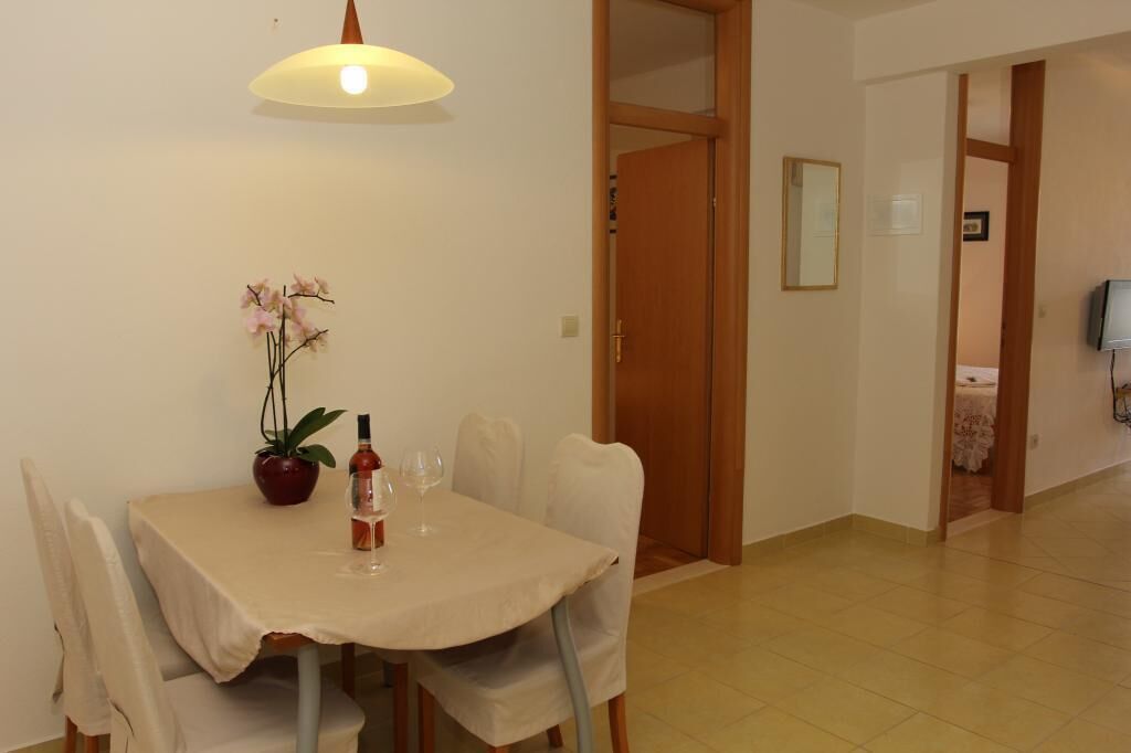 A dining area with a table, chairs, a potted plant, a bottle, and a wine glass.