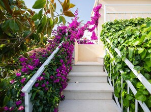 A staircase with white railings, surrounded by lush greenery and vibrant purple flowers. - Apartments Roda - One Bedroom Apartment with Terrace (Supetar)