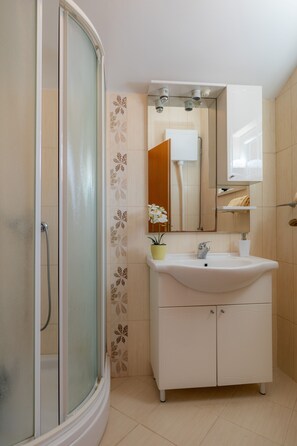 Shower, hair dryer, towels