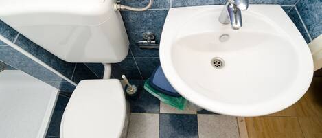 Une salle de bain équipée de toilettes, d’un bidet et d’un lavabo.