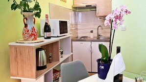 Eine kleine Küche mit einer Mikrowelle, einem Spülbecken und einer Arbeitsplatte. Auf der Arbeitsplatte steht eine Orchidee im Topf und eine Champagnerflasche.