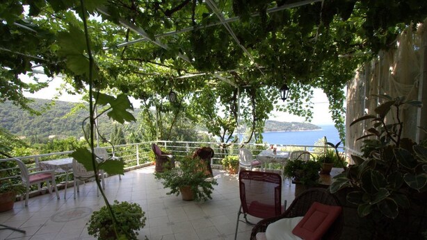 Une terrasse extérieure aménagée avec des meubles en osier et des plantes en pot, offrant une vue panoramique sur un plan d’eau et des collines.