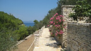A stone pathway leading to a stone wall with pink flowers.
