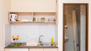 Cocina compacta con un lavamanos, lavavajillas y zona de ducha visible a través de una puerta abierta.