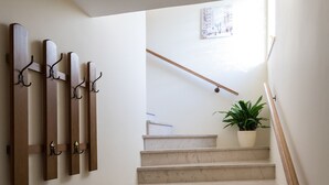 A staircase with a handrail, a potted plant, and wall-mounted hooks.